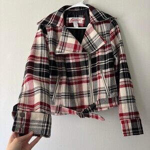 Y2K Grunge Black Moto Ivory Streetwear Red Plaid Zip Up Biker Jacket - Medium